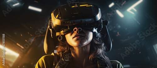Female pilot in cockpit with VR helmet using virtual reality headset Copy space image Place for adding text or design