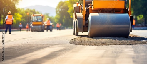 Extensive perspective of road rollers at a construction site Copy space image Place for adding text or design photo