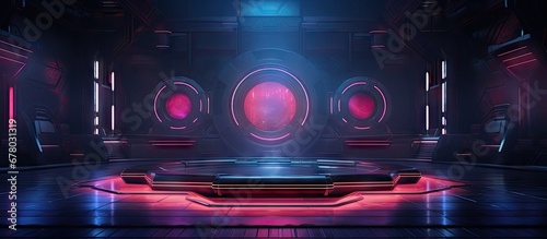 Cyberpunk style metaverse game with neon lit stage scene Copy space image Place for adding text or design © Ilgun