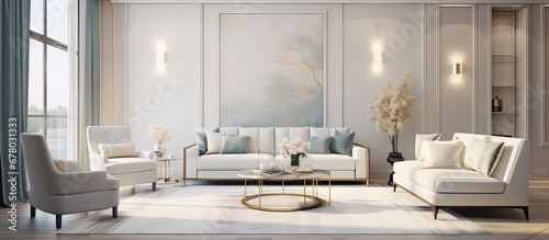 Expensive spacious apartment with a modern luxurious living room Featuring cozy atmosphere soft colors and elegant furniture Copy space image Place for adding text or design © Ilgun
