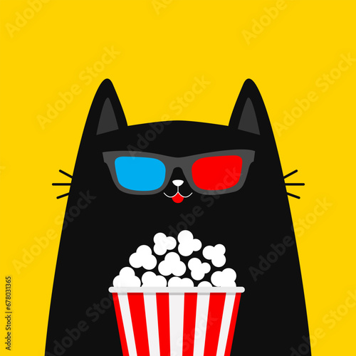 Black cat and popcorn. Cinema theater. Kitten watching movie in 3D glasses. Cute cartoon kawaii funny character. Film show. Kids sticker print for tshirt. Flat design. White background. Isolated.