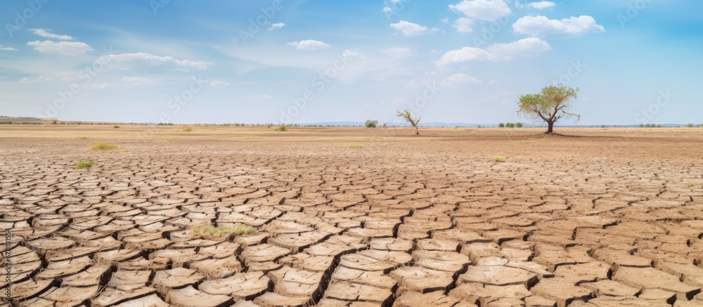 Fototapeta premium Effects of climate change including desertification and droughts observed in the Loteta reservoir area near Gallur Spain resulting in dry and cracked land due to rainfall shortage Copy space im