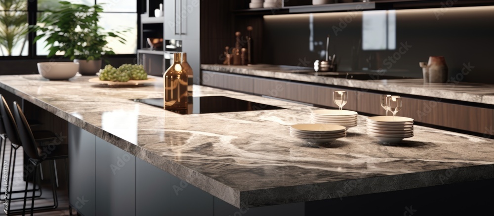 Contemporary luxurious kitchen featuring marble countertops Copy space image Place for adding text or design Contemporary luxurious kitchen featuring marble countertops Copy space image Place for adding text or design
