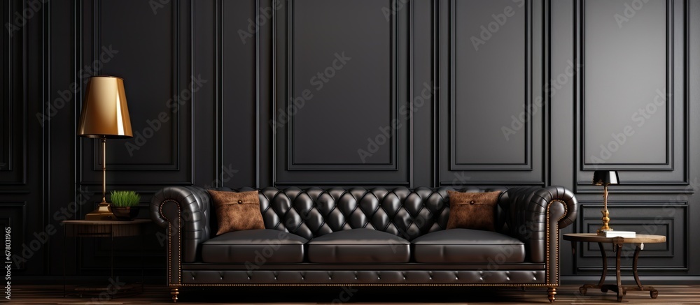 Contemporary black interior with brown leather chester sofa lamp table carpet wood floor mouldings 3d interior mock up Copy space image Place for adding text or design - obrazy, fototapety, plakaty 