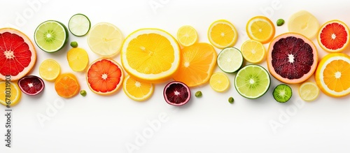 Food concept Colorful slices of fruits and vegetables on a white backdrop Copy space image Place for adding text or design