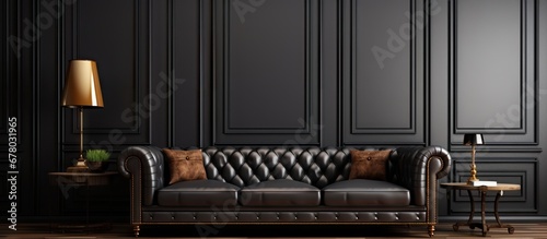 Contemporary black interior with brown leather chester sofa lamp table carpet wood floor mouldings 3d interior mock up Copy space image Place for adding text or design