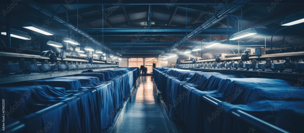 Naklejka premium Factory process of denim manufacturing including washing dyeing and coloring cloth rolls in an industrial zone Copy space image Place for adding text or design