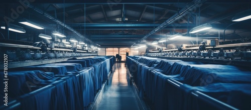 Factory process of denim manufacturing including washing dyeing and coloring cloth rolls in an industrial zone Copy space image Place for adding text or design
