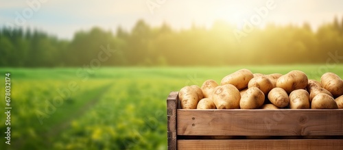 Fresh potatoes in crate on table with green field backdrop Copy space image Place for adding text or design © Ilgun