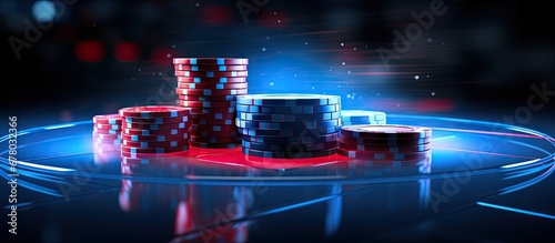 Floating blue podium with neon ring 3D dice and realistic casino chips in a dark scene Copy space image Place for adding text or design © Ilgun