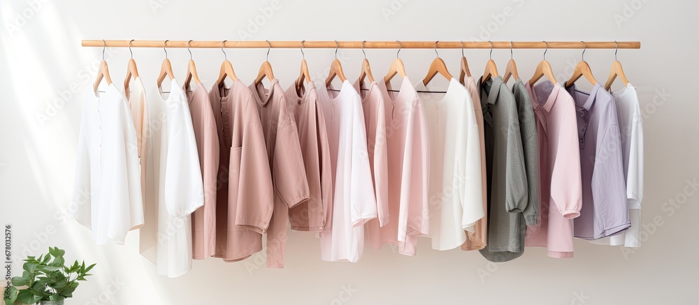Fashionable pastel clothes in minimalist style for women made of washed linen displayed on a white background suitable for fashion blog website and social media Copy space image Place for addin