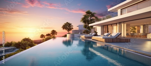 Early morning 3d render of a luxurious villa with a stunning infinity pool Copy space image Place for adding text or design © Ilgun