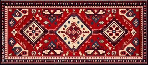 Detailed retro red rug with vintage Arabian traditional motifs Copy space image Place for adding text or design photo