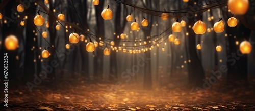 Enchanted Halloween scene with orange bokeh lights and a mystic forest for All Saints Day Ample space for text Copy space image Place for adding text or design