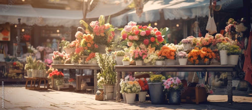 Cottagecore style vintage flower market on a public street Copy space image Place for adding text or design