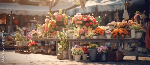 Cottagecore style vintage flower market on a public street Copy space image Place for adding text or design