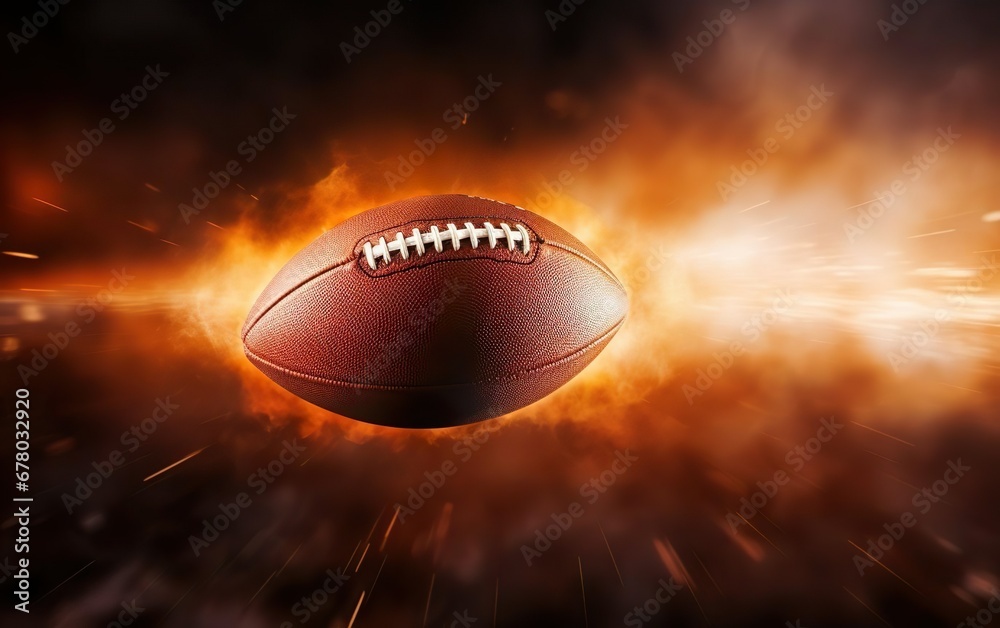 Super bowl poster. Traditional American leather football icon flying on dynamic dark background. Rugby ball banner. Fire motion rays, dust, speed, light burst. Copy space at the right. AI Generative Super bowl poster. Traditional American leather football icon flying on dynamic dark background. Rugby ball banner. Fire motion rays, dust, speed, light burst. Copy space at the right. AI Generative