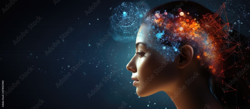 Female profile and fractal elements in technology science and education projects Copy space image Place for adding text or design - obrazy, fototapety, plakaty 