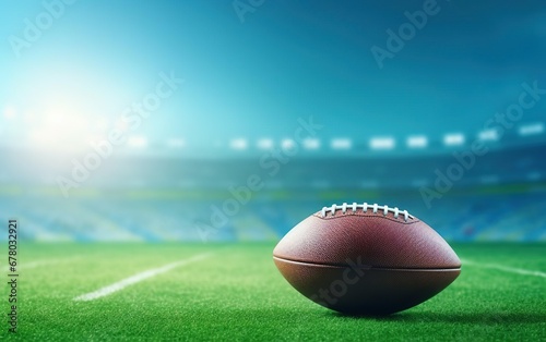 Super bowl poster. Traditional American football isolated on green and blue background. Rugby ball on the stadium field grass. De focus, blurred. Copy space at the left. AI Generative