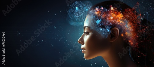 Female profile and fractal elements in technology science and education projects Copy space image Place for adding text or design photo