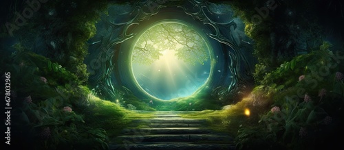 Enchanting scenery in a magical forest with a gateway to a parallel fantasy realm Surreal passage to a mystical land 3D artwork Copy space image Place for adding text or design