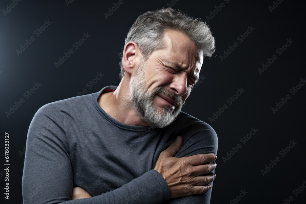 People, healthcare and problem concept - unhappy man suffering from neck or shoulder pain at home. Mature bearded man has shoulder pain. with copy space for text. Man holding his injured shoulder