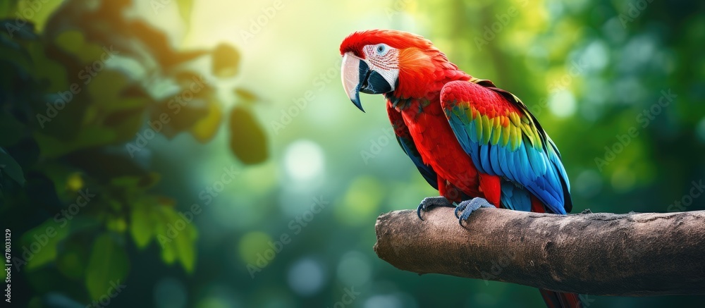Colorful Scarlet Macaw parrot in jungle habitat Copy space image Place for adding text or design