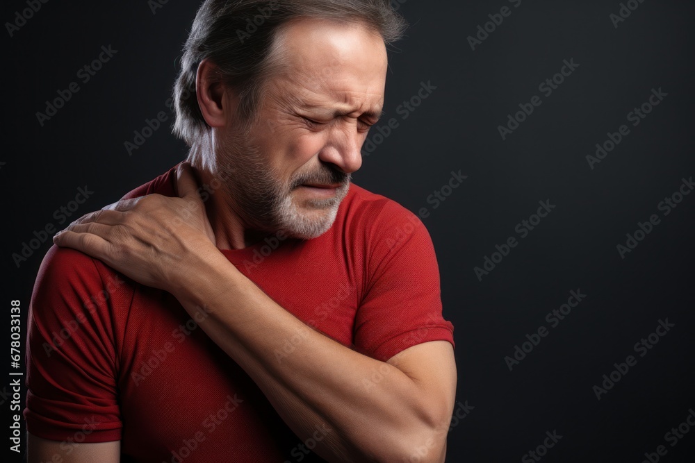 People, healthcare and problem concept - unhappy man suffering from neck or shoulder pain at home. Mature bearded man has shoulder pain. with copy space for text. Man holding his injured shoulder