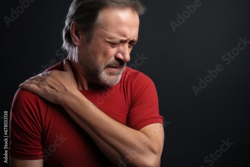 People, healthcare and problem concept - unhappy man suffering from neck or shoulder pain at home. Mature bearded man has shoulder pain. with copy space for text. Man holding his injured shoulder © Kowit