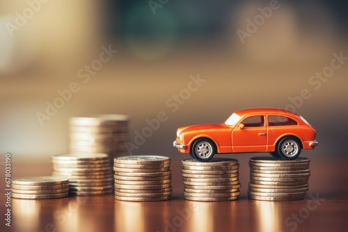 concept of auto dealership and rental, new car buy. toy car stack of coins photo