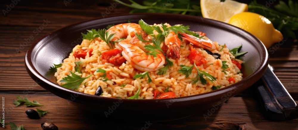 Delicious Italian seafood risotto Copy space image Place for adding text or design Delicious Italian seafood risotto Copy space image Place for adding text or design