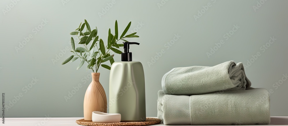 Contemporary green bathroom accessories with organic cotton towels vase sensor soap and lotion dispenser on oak stump Daily body care idea Copy space image Place for adding text or design - obrazy, fototapety, plakaty 
