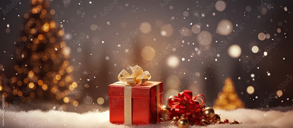 Festive holiday card with red handwriting tree and gift box amidst blurred lights Copy space image Place for adding text or design Festive holiday card with red handwriting tree and gift box amidst blurred lights Copy space image Place for adding text or design