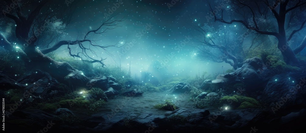 Enchanting nocturnal forest with illuminating lights mist and floating particles Copy space image Place for adding text or design