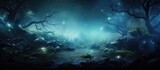 Enchanting nocturnal forest with illuminating lights mist and floating particles Copy space image Place for adding text or design