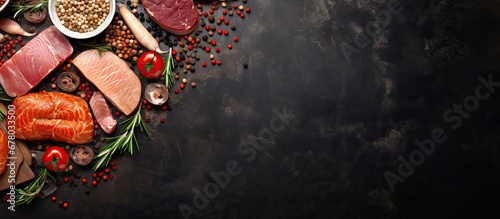 Cooking various meats and ingredients on a stone table viewed from above Copy space image Place for adding text or design photo