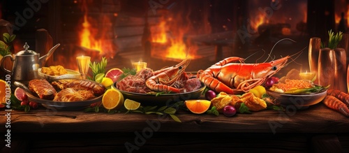 Delicious gourmet seafood platter with salmon shrimp tuna lime and carambola fruit served on a wooden table with a fireplace in the background Copy space image Place for adding text or design