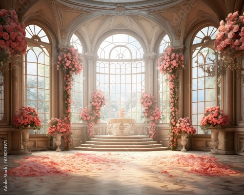 Elegant Hall with Grand Staircase and Pink Flower Decor © DigitalMuse