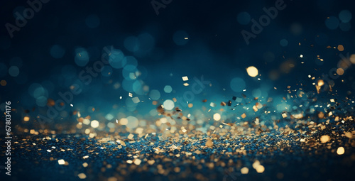 Blue gold and dust abstract background, royalty-free stock photos, light navy and turquoise colors, confetti-like dots, intricate light sculptures, high detail, Nikon D750 by Nathan Wirth, AI  photo