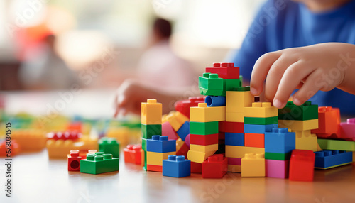 child playing with lego blocks photo