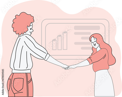 Two woman lady make a deal for success mission, Lady on corporation celebration successful project, two female deal investment to company. Vector illustration