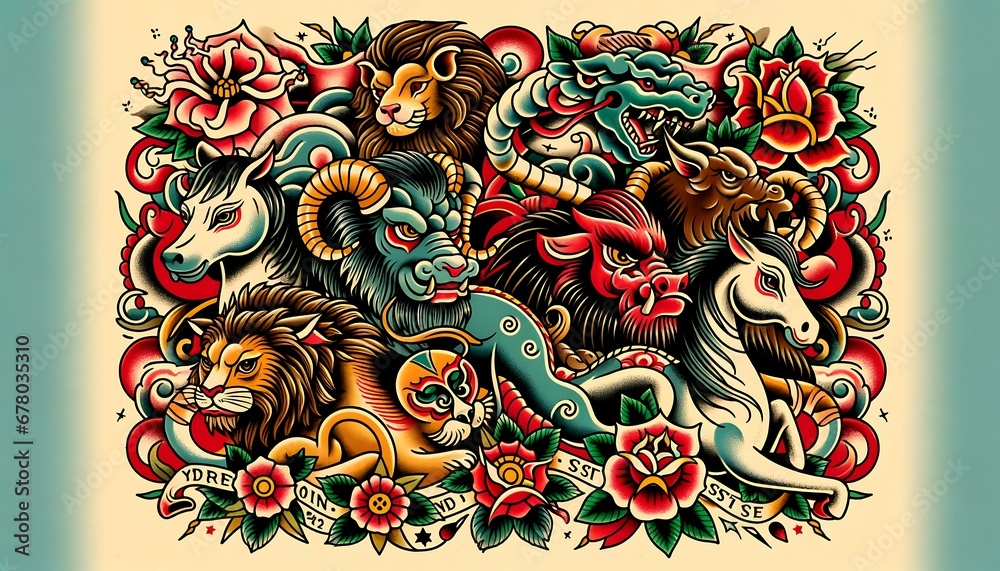 a vintage American traditional tattoo design featuring the 12 Chinese zodiac animals in bold colors with classic shading and detailing