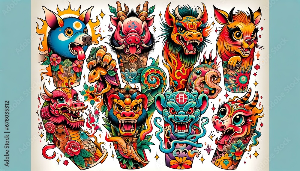 a vibrant New School style tattoo with the 12 Chinese zodiac animals depicted in a colorful, exaggerated and cartoonish design with bold outlines