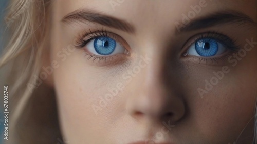 close-up portrait of a female blue eye, AI generated, background image