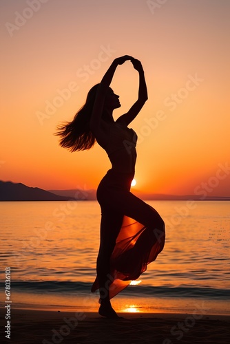 A silhouette of a woman gracefully dancing on a sandy beach as the sun sets. generative AI