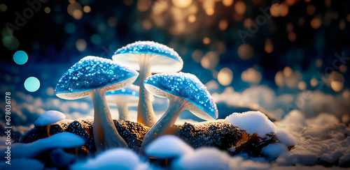 fantasy transluscent blue mushroom close-up in the winter forest AI generated illustration photo