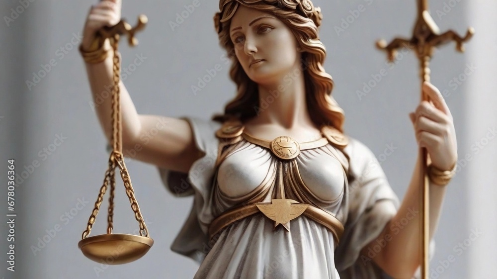 close-up portrait of the statue of the goddess of justice on a white background, AI generated, background image