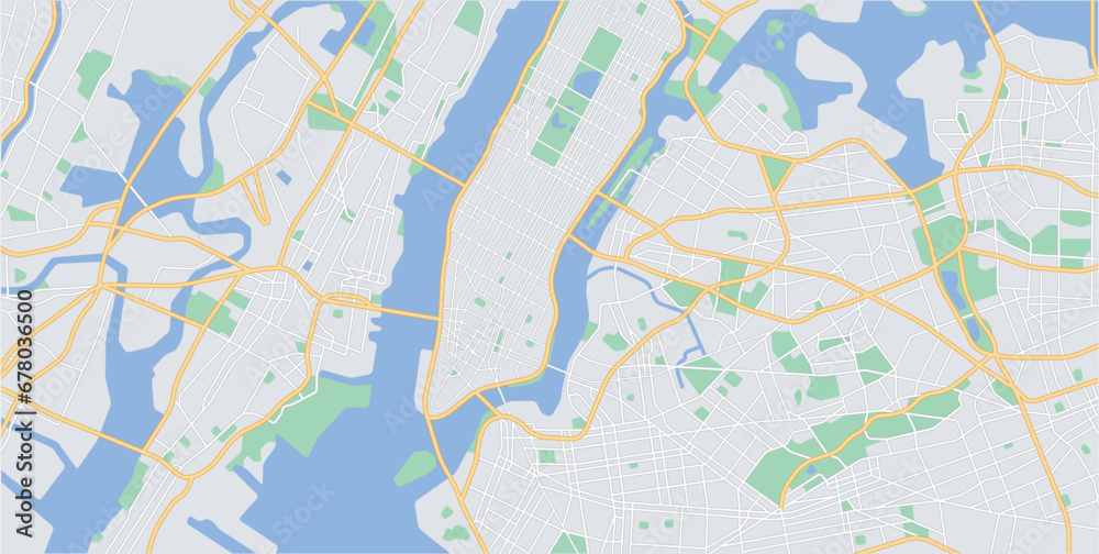 Layered editable vector streetmap of Newyork,USA,which contains lines and colored shapes for lands,roads,rivers and parks. - obrazy, fototapety, plakaty 