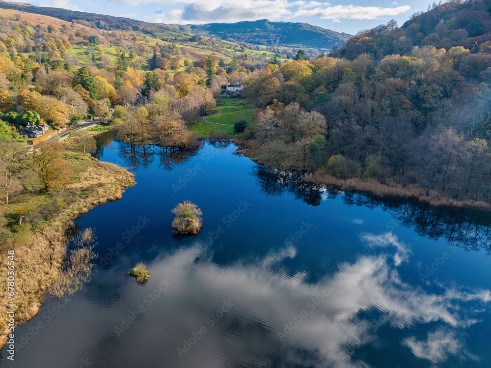 Aerial image of Rydal water lake in the lake district national park, United kingdom on a beautiful autumn day. 