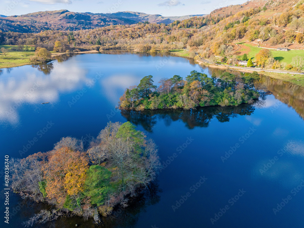 Aerial image of Rydal water lake in the lake district national park, United kingdom on a beautiful autumn day. 